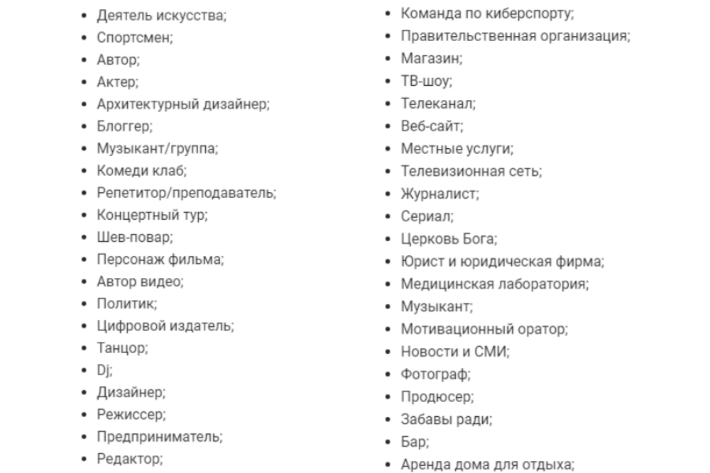 Частичный список категорий деятельности в Инстаграме